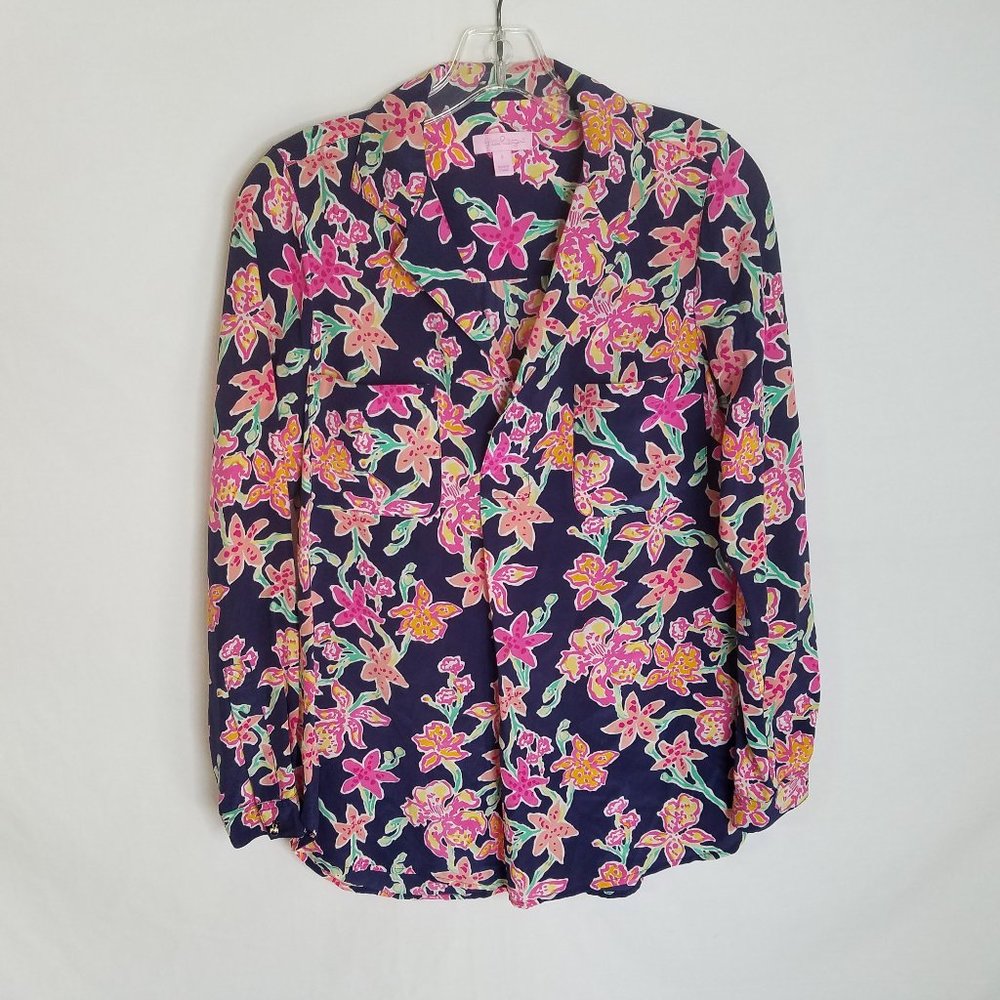 Lilly Pulitzer Silk Floral V Neck Blouse Top Women's Size Small